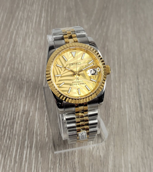 DateJust Seiko Custom Mod Watch, Gold Palm Dial