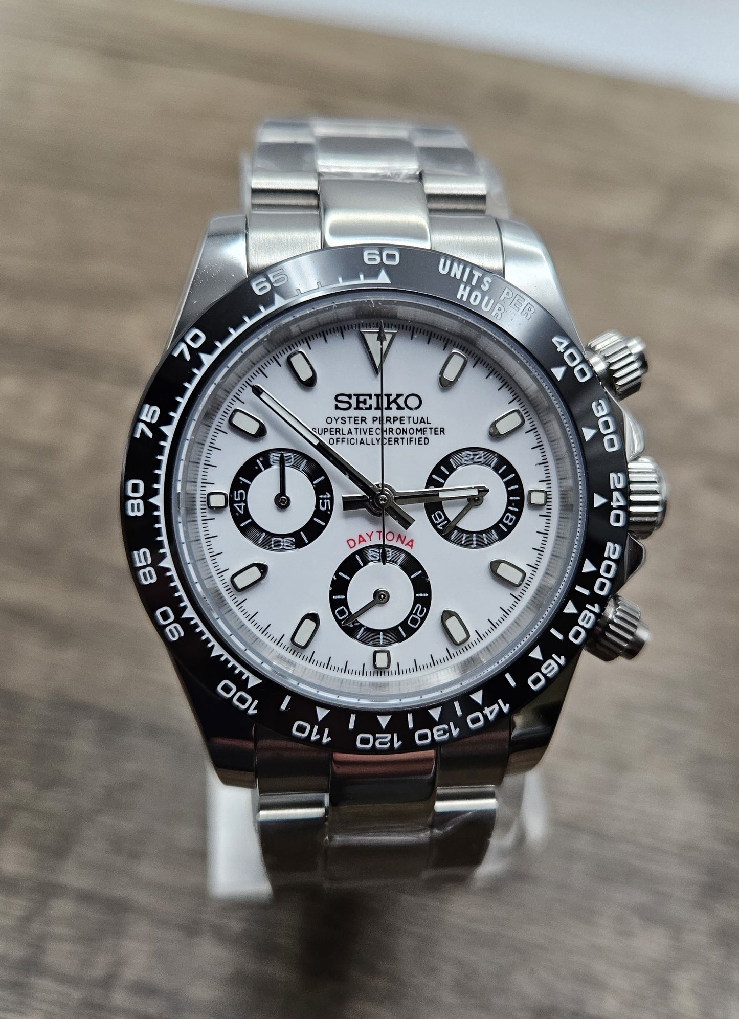 Custom Seiko Daytona Mod Watch, White Dial