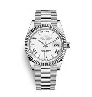 Silver watch with a white face on a white background