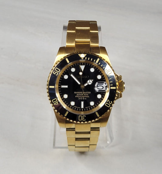 Seiko Custom Mod Watch Build - Gold with Black Dial Ceramic Bezel powered by NH35 Automatic Movement - Sunshine Custom Watch