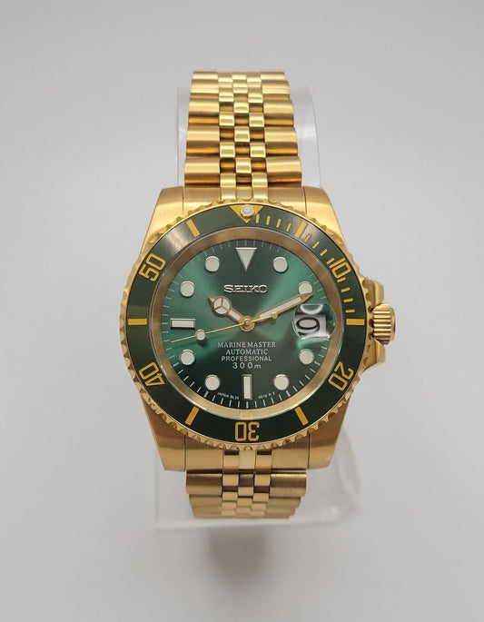 Seiko Custom Mod Watch Build - Gold with Green Dial and matching Ceramic Bezel Seiko NH35 Automatic Sunshine Custom Watch