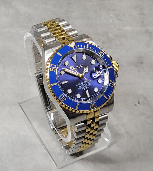 Seiko Custom Mod Watch Build - Two Tone with Blue Dial and matching Ceramic Bezel - NH35 Automatic - Sunshine Custom Watch