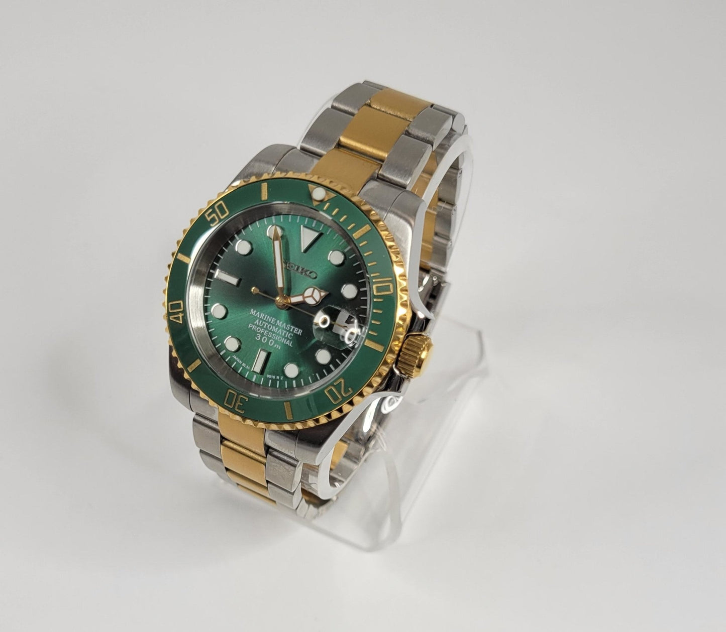 Seiko Custom Mod Watch, Two Tone Gold, Stainless Steel, Green Dial - NH35 - Sunshine Custom Watch