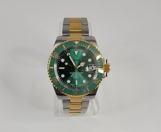 Seiko Custom Mod Watch, Two Tone Gold, Stainless Steel, Green Dial - NH35 - Sunshine Custom Watch