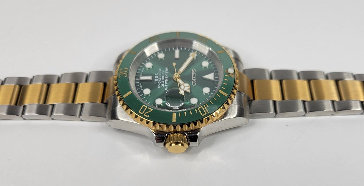 Seiko Custom Mod Watch, Two Tone Gold, Stainless Steel, Green Dial - NH35 - Sunshine Custom Watch