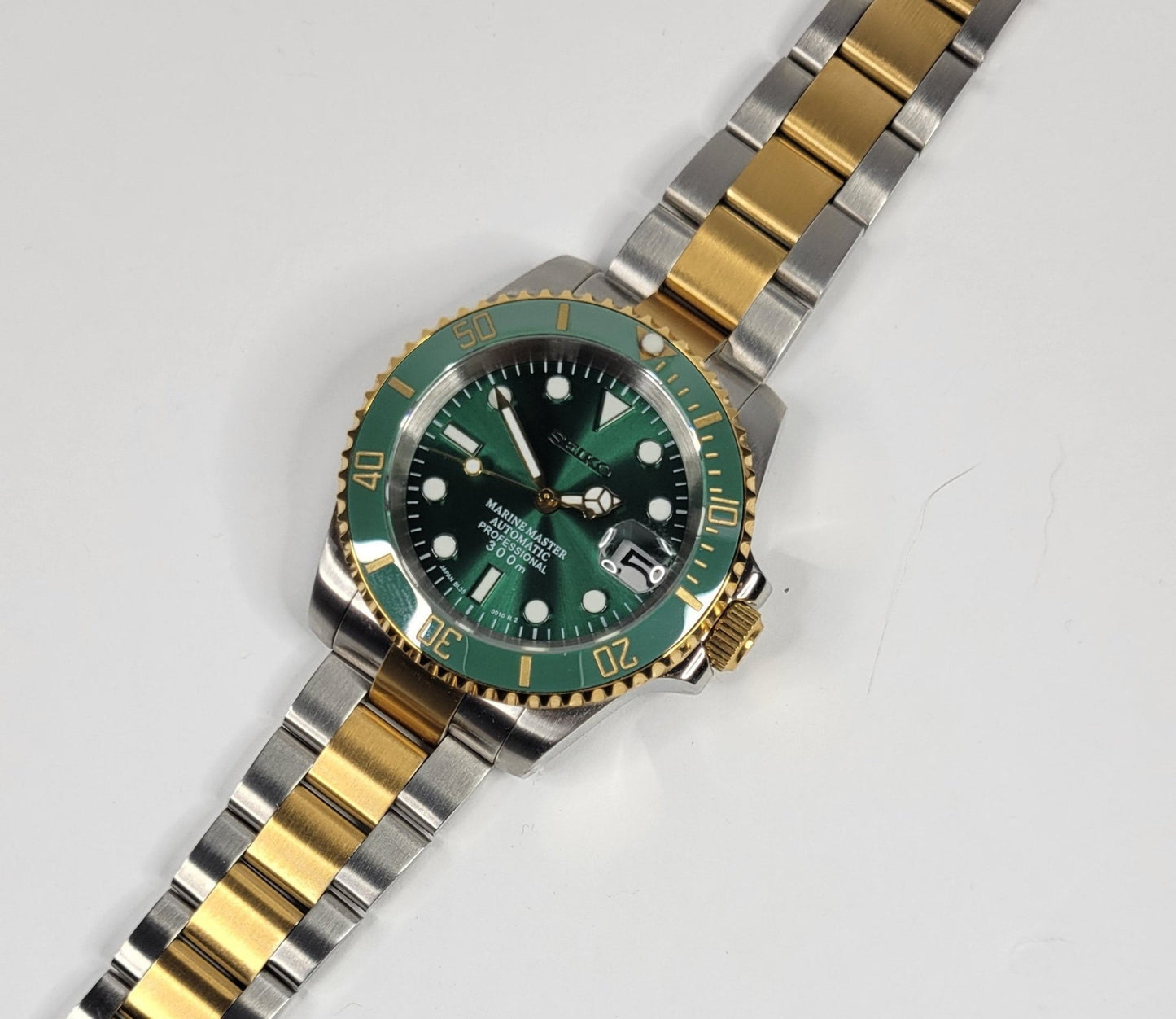 Seiko Custom Mod Watch, Two Tone Gold, Stainless Steel, Green Dial - NH35 - Sunshine Custom Watch