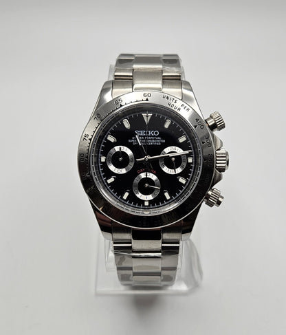 Custom Seiko Daytona Mod Watch, Black Silver