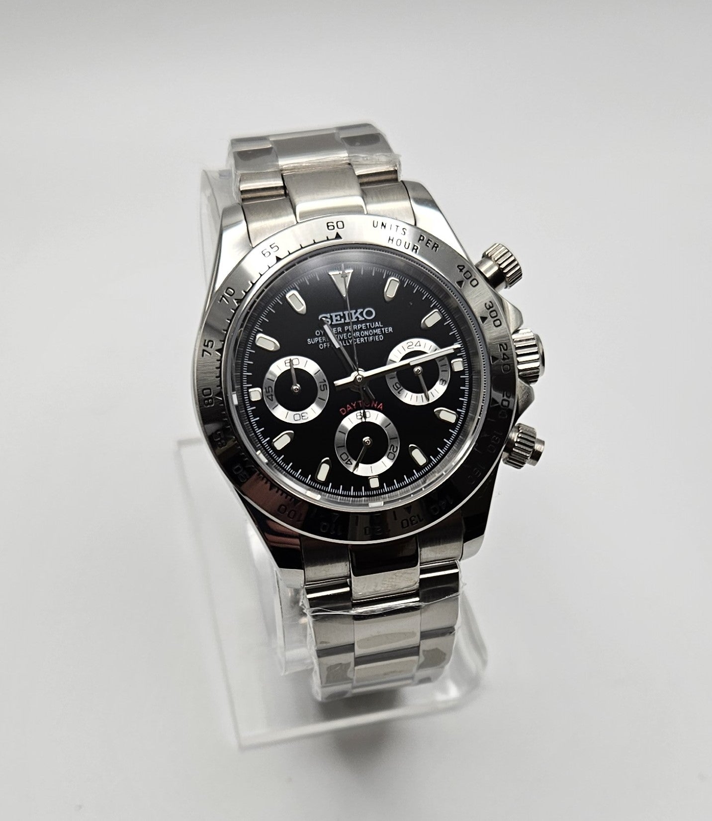 Custom Seiko Daytona Mod Watch, Black Silver