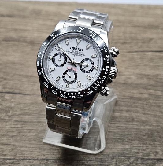 Custom Seiko Daytona Mod Watch, White Dial