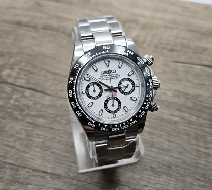 Custom Seiko Daytona Mod Watch, White Dial