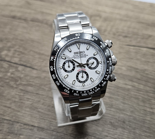 Custom Seiko Daytona Mod Watch, White Dial