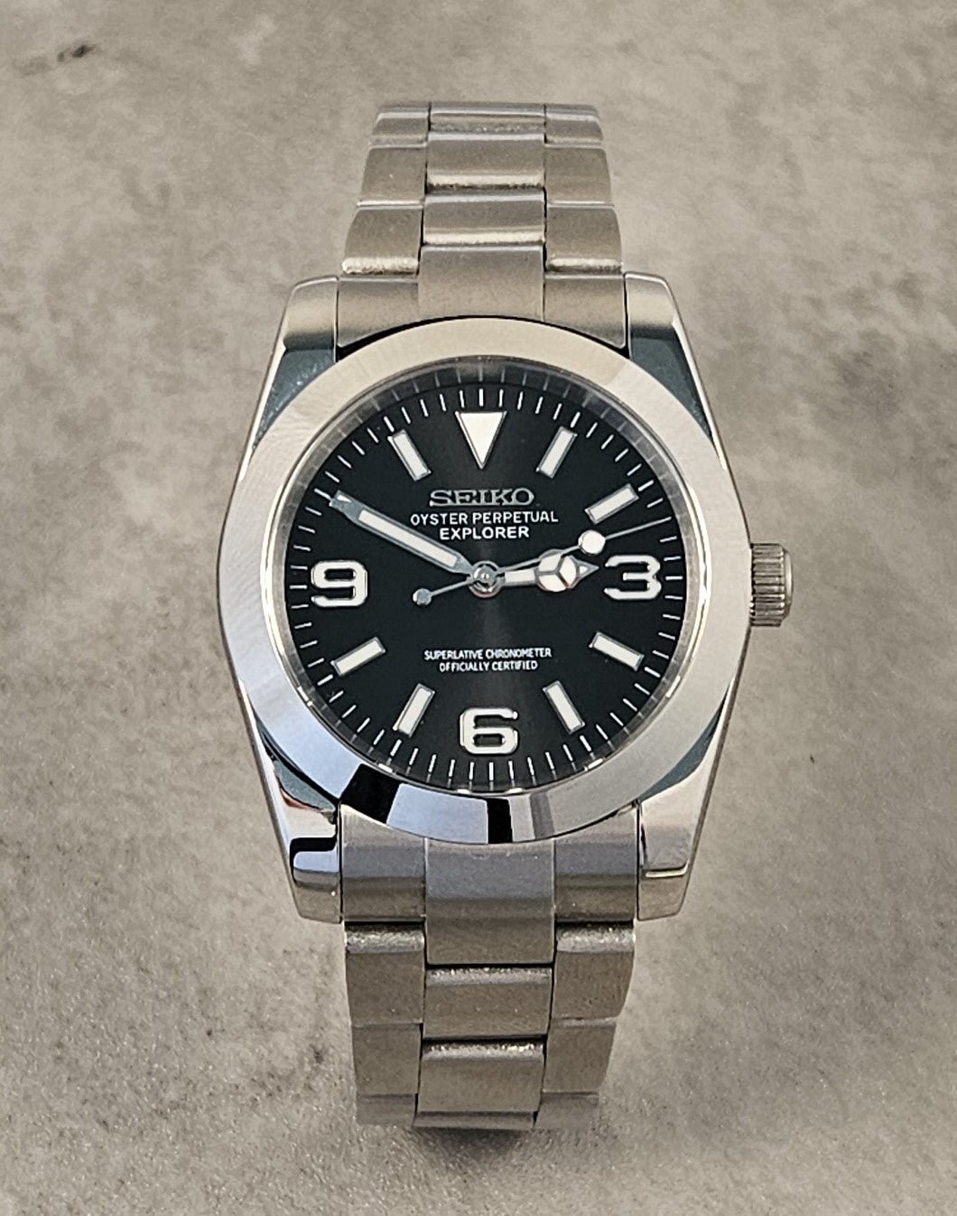 Classic Explorer Seiko Mod Watch, Black Dial