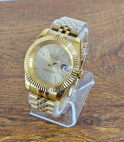 39mm Fluted Case Seiko Custom Mod Watch, DateJust Dial, Gold Case, Sapphire - powered by Seiko NH35 - Sunshine Custom Watch