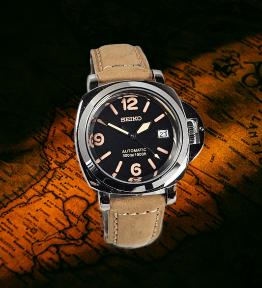 Seiko watch with brown leather strap on a world map background