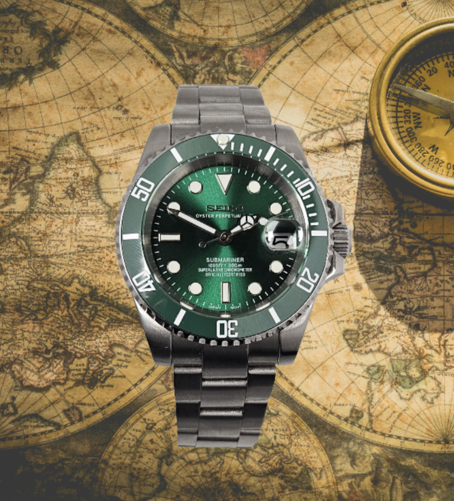 Green watch with silver case on a vintage world map background