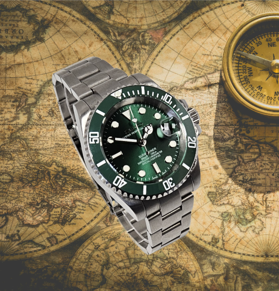 Green wristwatch with silver band on an old map background