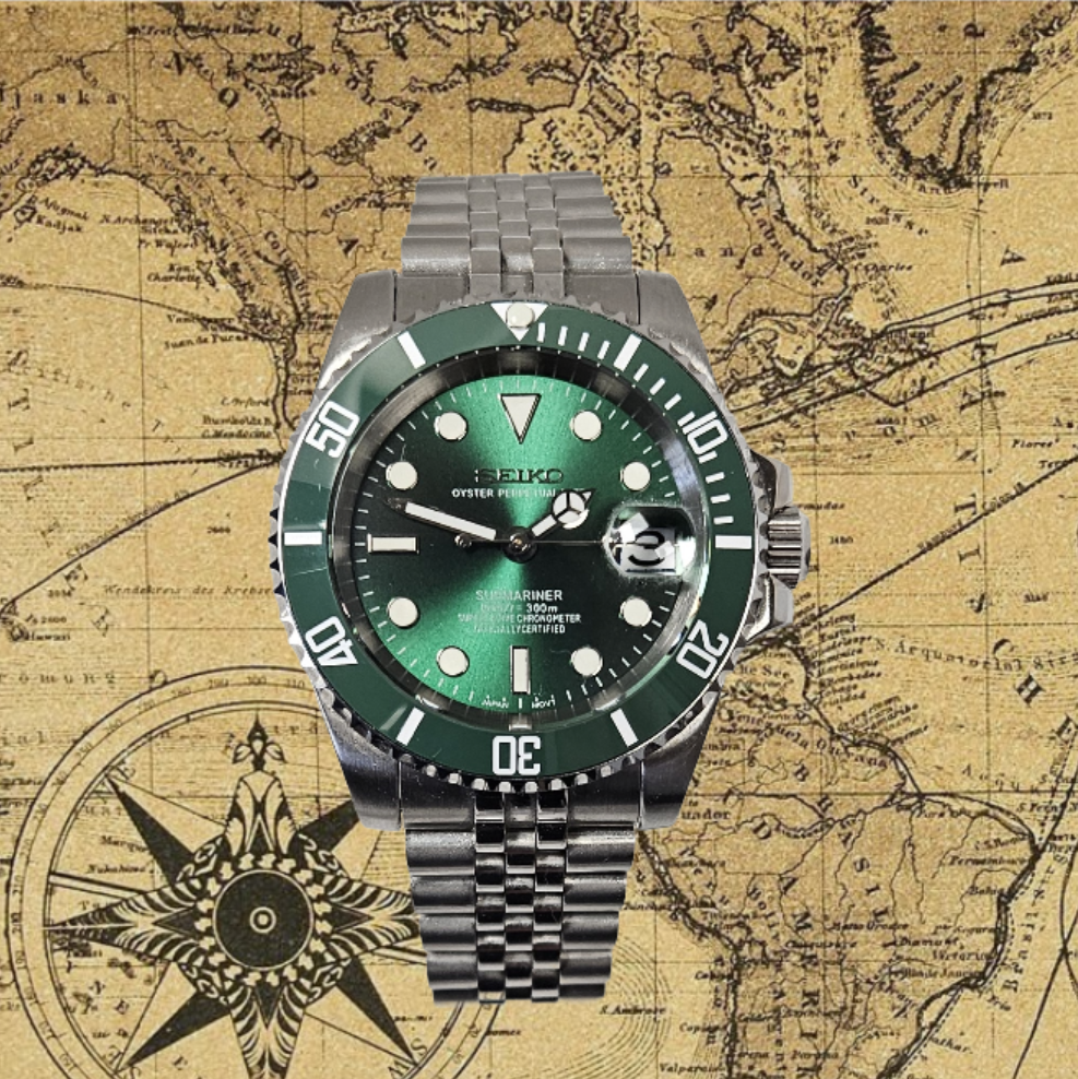 Green Seiko watch on a vintage map background