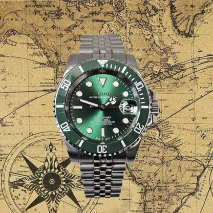 Green Seiko watch on a vintage map background