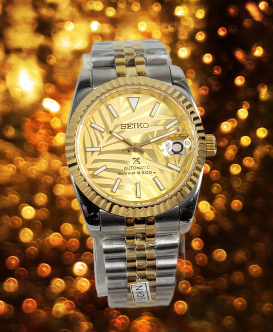 DateJust Seiko Custom Mod Watch, Gold Palm Dial