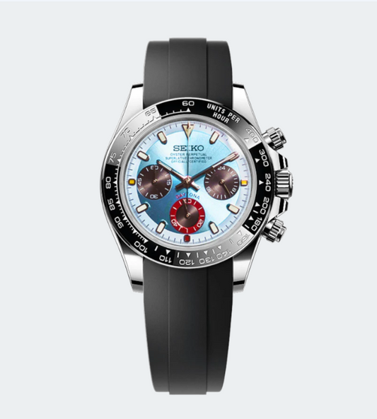 Seiko watch with a black strap and blue face on a light gray background