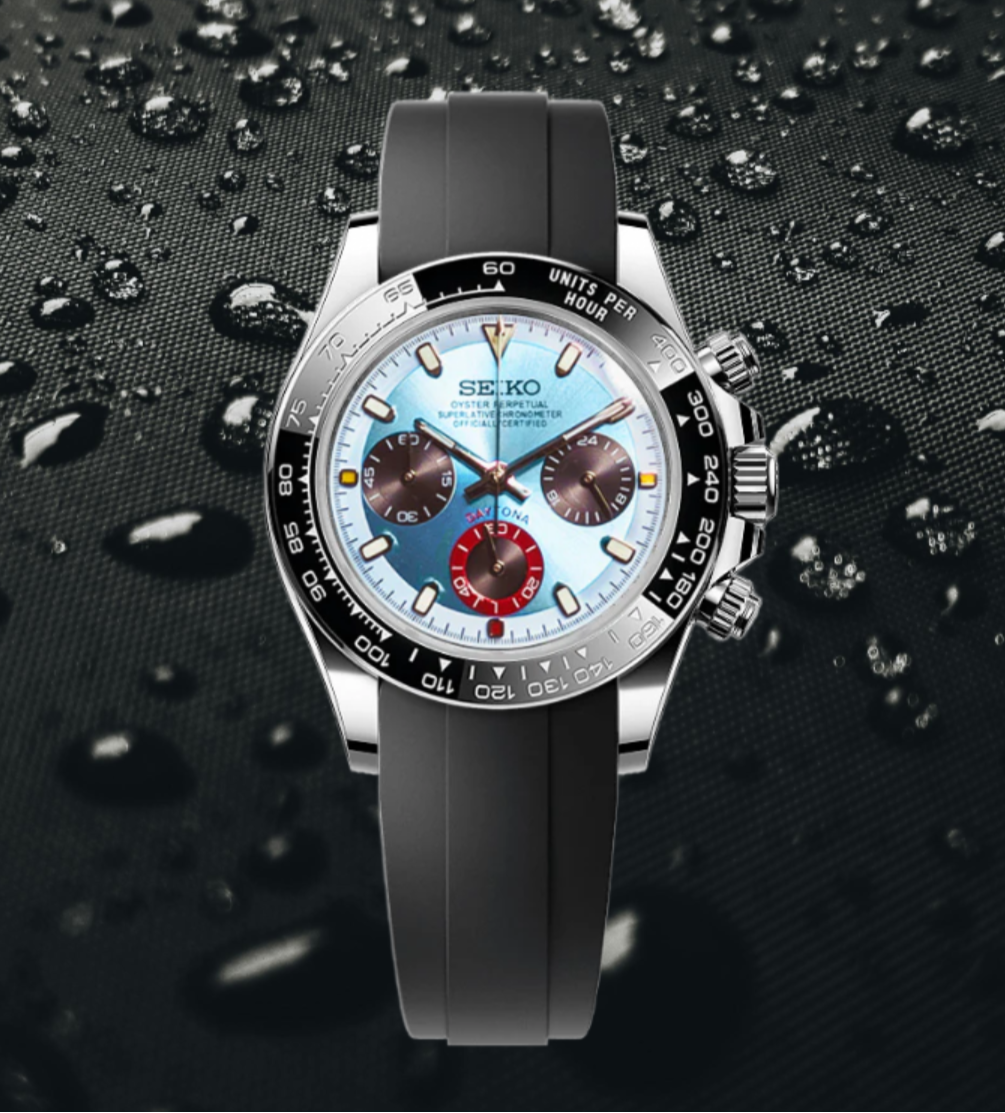 Seiko watch with a black strap on a dark background with water droplets
