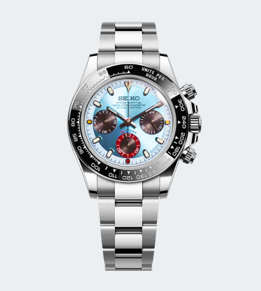 Silver Seiko watch with a blue face on a light gray background