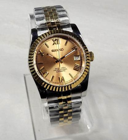 Fluted Case Seiko Custom Mod Watch, Roman Numerals, Two Tone Case, Sapphire - NH35 Automatic Movement - Sunshine Custom Watch