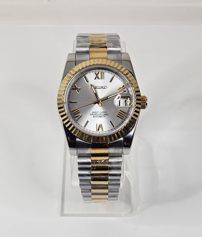 Fluted Case Seiko Custom Mod Watch, Roman Numerals, Two Tone Case, Sapphire - NH35 Automatic Movement - Sunshine Custom Watch