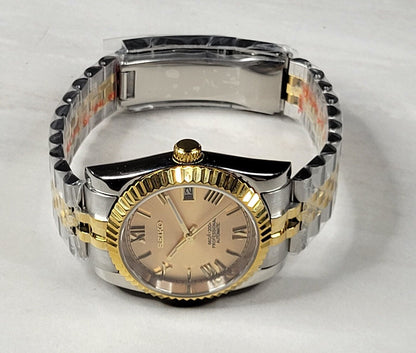 Fluted Case Seiko Custom Mod Watch, Roman Numerals, Two Tone Case, Sapphire - NH35 Automatic Movement - Sunshine Custom Watch