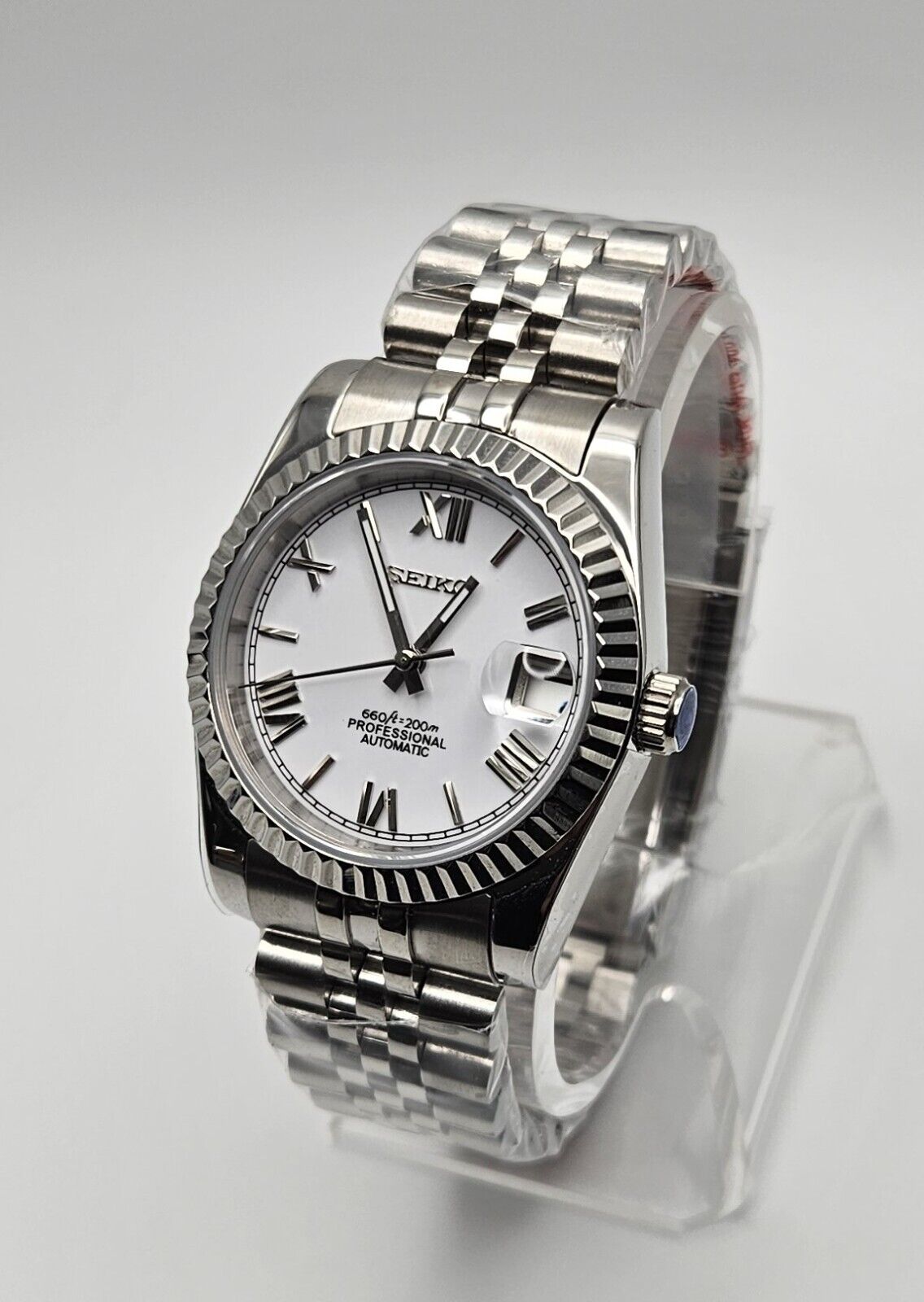 Fluted Case Seiko Mod Watch, Roman Numeral-Stainless Steel Case, Sapphire-Seiko Mvmt - Sunshine Custom Watch