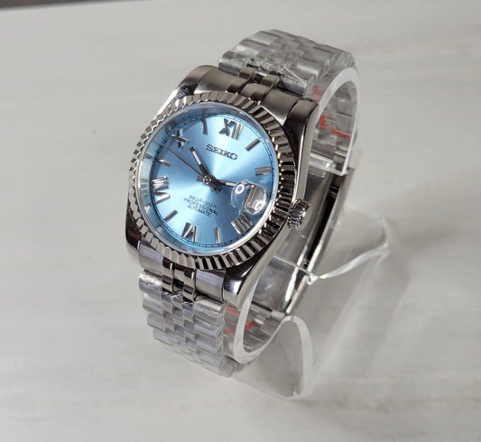 Fluted Case Seiko Mod Watch, Roman Numeral-Stainless Steel Case, Sapphire-Seiko Mvmt - Sunshine Custom Watch