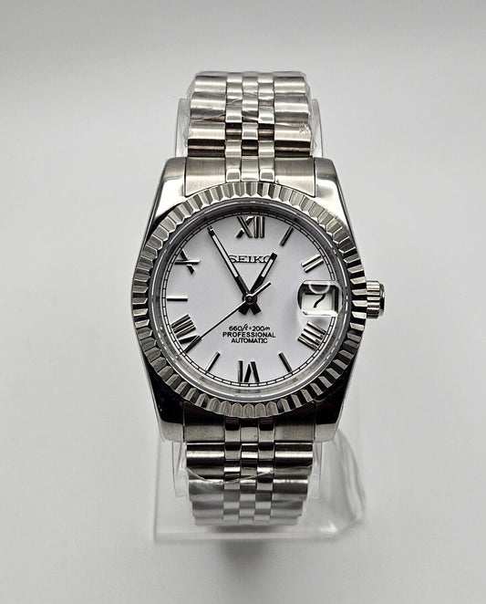 Fluted Case Seiko Mod Watch, Roman Numeral-Stainless Steel Case, Sapphire-Seiko Mvmt - Sunshine Custom Watch