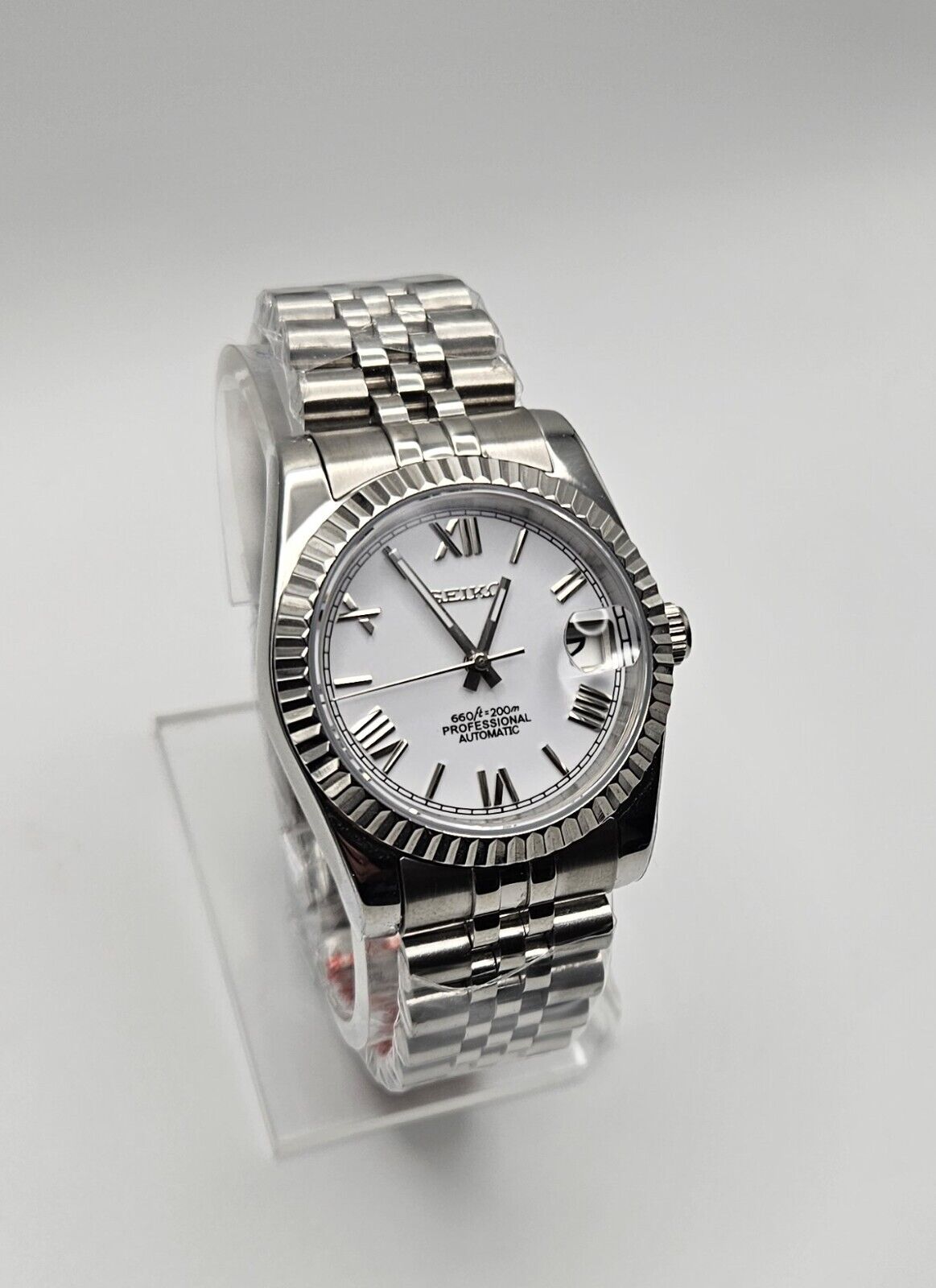 Fluted Case Seiko Mod Watch, Roman Numeral-Stainless Steel Case, Sapphire-Seiko Mvmt - Sunshine Custom Watch