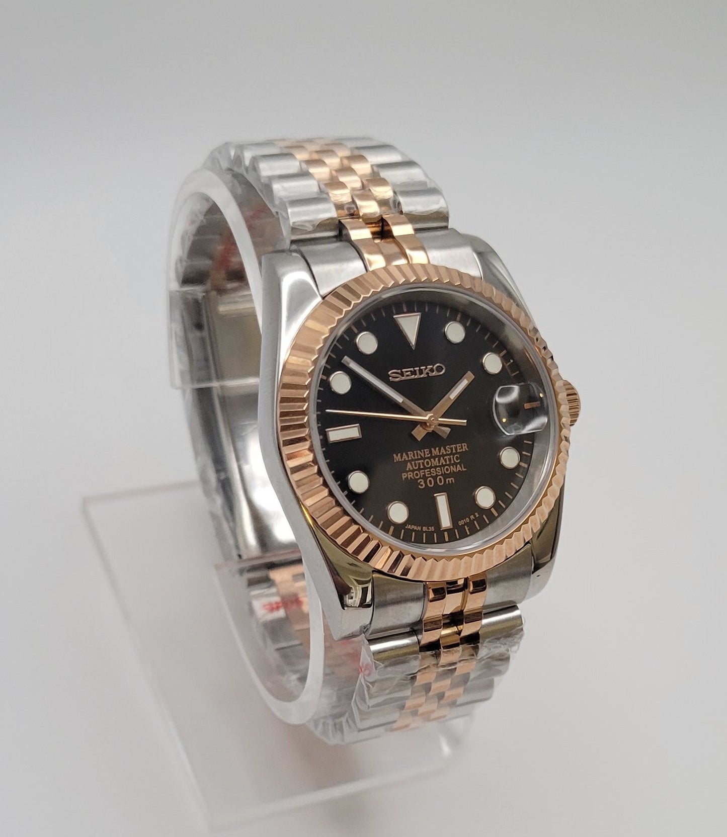 Fluted Two Tone Rose Gold Case Seiko Custom Mod Watch, Black Dial - Sunshine Custom Watch