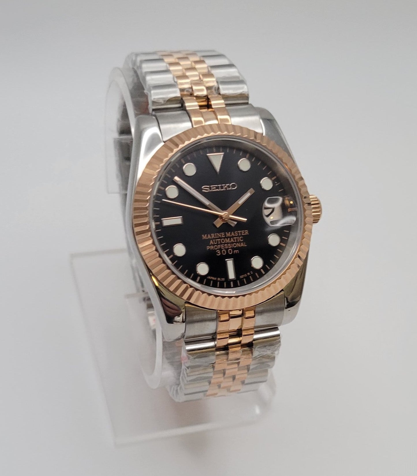 Fluted Two Tone Rose Gold Case Seiko Custom Mod Watch, Black Dial - Sunshine Custom Watch