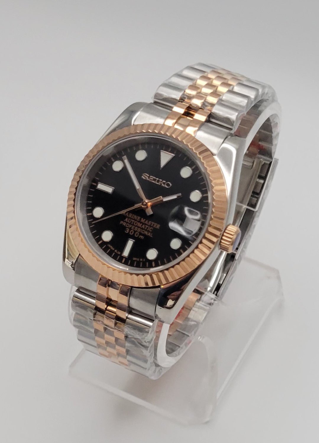 Fluted Two Tone Rose Gold Case Seiko Custom Mod Watch, Black Dial - Sunshine Custom Watch