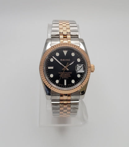 Fluted Two Tone Rose Gold Case Seiko Custom Mod Watch, Black Dial - Sunshine Custom Watch