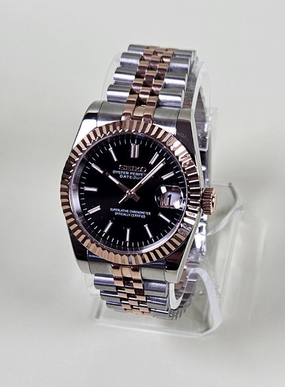 Fluted Two Tone Rose Gold Case Seiko Custom Mod Watch Choice of DateJust Dial Colors - Sunshine Custom Watch