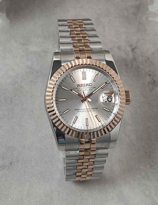 Fluted Two Tone Rose Gold Case Seiko Custom Mod Watch Choice of DateJust Dial Colors - Sunshine Custom Watch