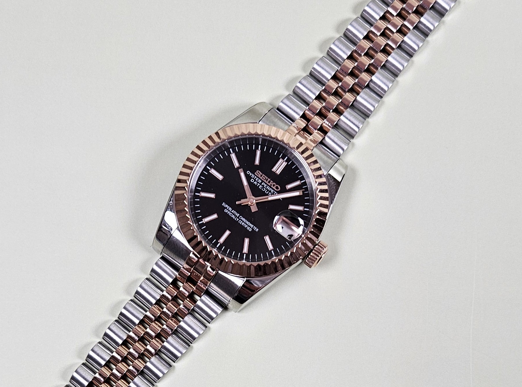 Fluted Two Tone Rose Gold Case Seiko Custom Mod Watch Choice of DateJust Dial Colors - Sunshine Custom Watch