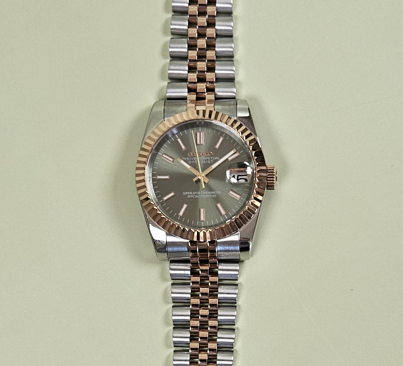 Fluted Two Tone Rose Gold Case Seiko Custom Mod Watch Choice of DateJust Dial Colors - Sunshine Custom Watch