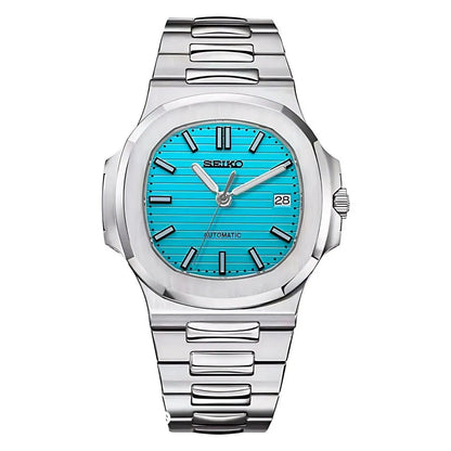 Silver watch with a blue face on a white background
