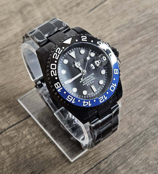 Seiko Custom Mod Watch Black Case, Blue/Black Ceramic Bezel, Sapphire - powered by NH35 Automatic - Sunshine Custom Watch