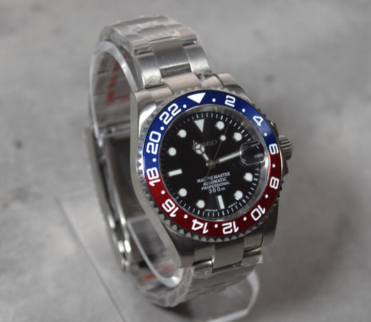 Seiko Custom Mod Watch Build - Black Dial with Blue/Red Ceramic Bezel powered by Seiko NH35 Automatic - Sunshine Custom Watch