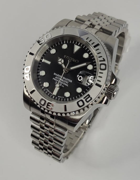 Seiko Custom Mod Watch - Black Dial with Silver Ceramic Bezel powered by NH35 Automatic Movement - Sunshine Custom Watch