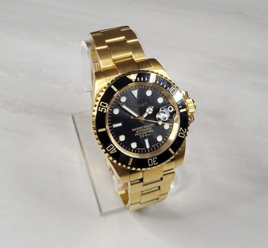 Seiko Custom Mod Watch Build - Gold with Black Dial Ceramic Bezel powered by NH35 Automatic Movement - Sunshine Custom Watch