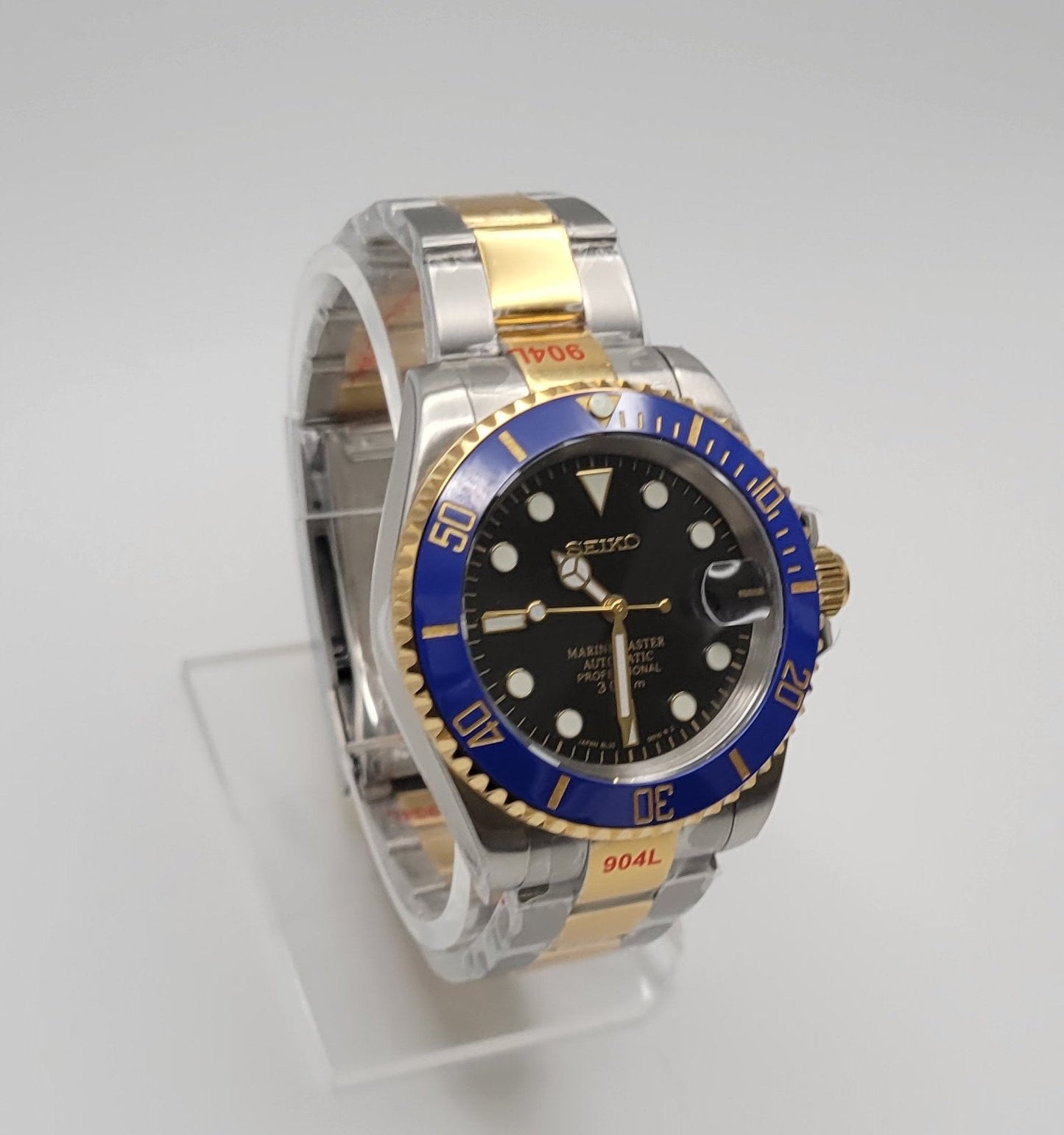 Seiko Custom Mod Watch Build - Two Tone with Black Dial and Blue Ceramic Bezel Seiko NH35 Automatic - Sunshine Custom Watch