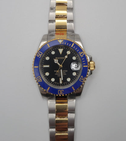 Seiko Custom Mod Watch Build - Two Tone with Black Dial and Blue Ceramic Bezel Seiko NH35 Automatic - Sunshine Custom Watch