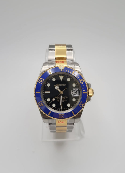 Seiko Custom Mod Watch Build - Two Tone with Black Dial and Blue Ceramic Bezel Seiko NH35 Automatic - Sunshine Custom Watch