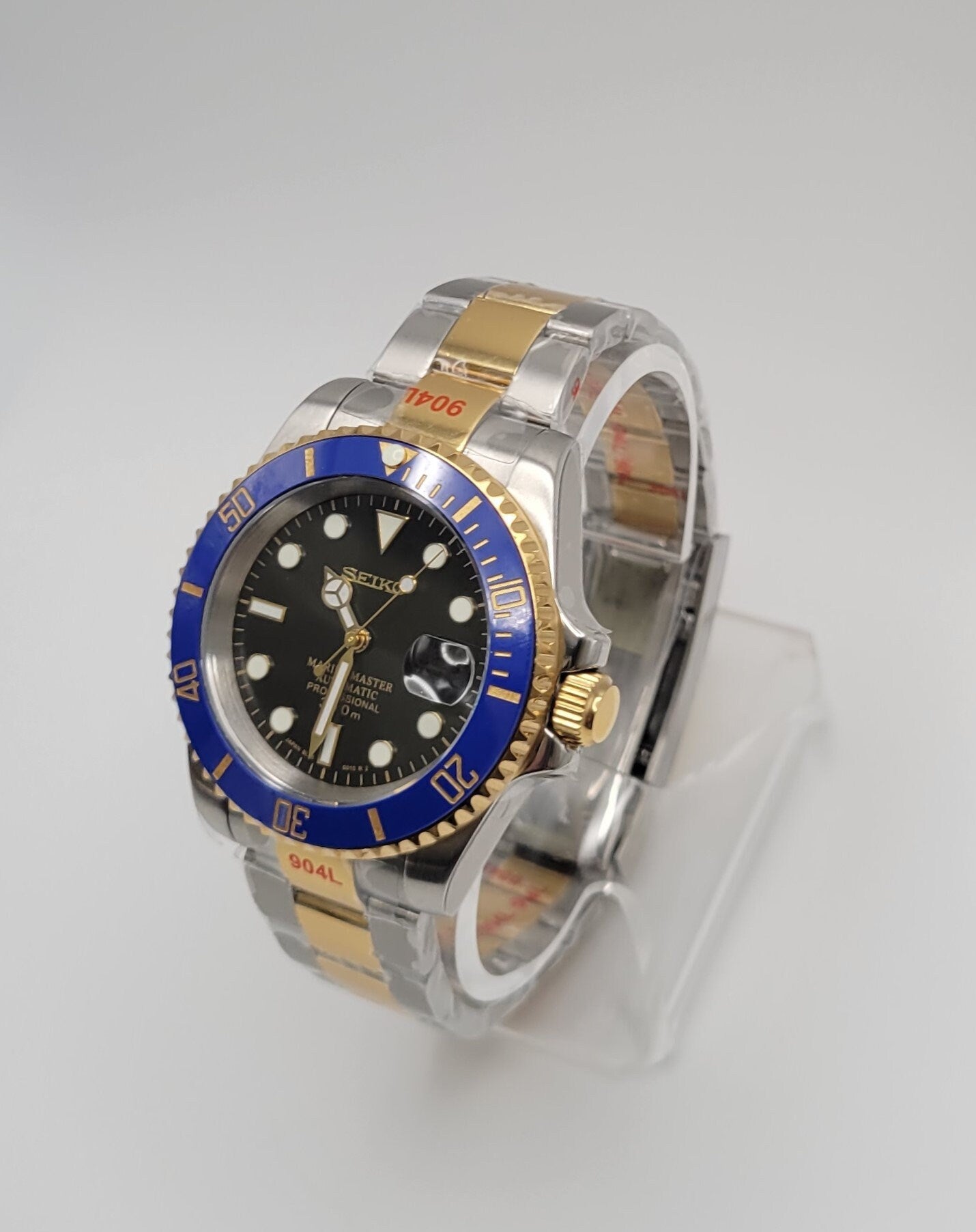 Seiko Custom Mod Watch Build - Two Tone with Black Dial and Blue Ceramic Bezel Seiko NH35 Automatic - Sunshine Custom Watch